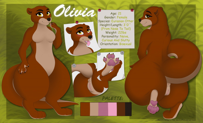 brown_body brown_fur digital_drawing_(artwork) digital_media_(artwork) female feral fur genitals huge_hips huge_thighs mammal membrane_(anatomy) model_sheet mohitopaw mustelid nude olivia_lutra otter pawpads paws pussy semi-anthro solo tail thick_tail thick_thighs webbed_feet webbed_hands wide_hips yellow_eyes