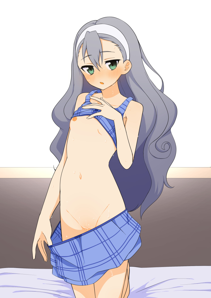 :o absurdres blue_skirt blush breasts clothes_pull female green_eyes grey_hair groin hairband highres karin_(rune_factory) kneeling long_hair looking_at_viewer luke_(b10a3123m) navel on_bed open_mouth petite pulled_by_self pussy rune_factory rune_factory_3 skirt skirt_pull small_breasts solo sweat uncensored wavy_hair white_hairband