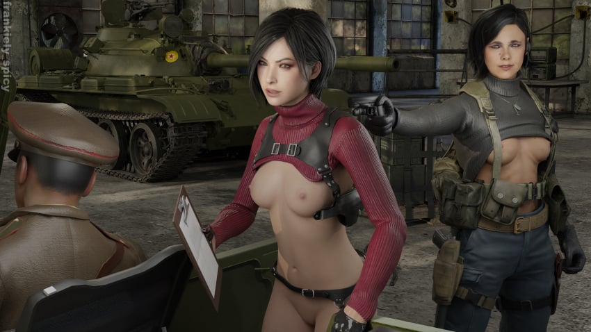 2girls 3d ada_wong ada_wong_(adriana) asian asian_female black_hair blender bob_cut breasts breasts_exposed breasts_out british british_female brown_eyes call_of_duty call_of_duty_black_ops_cold_war capcom catfight crossover detailed_background eastern_and_western_character female female_focus female_only frankiely_spicy gun helen_park_(cod) indoor indoors military military_hat military_jacket military_uniform military_vehicle pale-skinned_female pale_skin partially_clothed resident_evil resident_evil_4 resident_evil_4_remake ryona short_hair soldier spy tactical_nudity tank trigger_discipline turtleneck