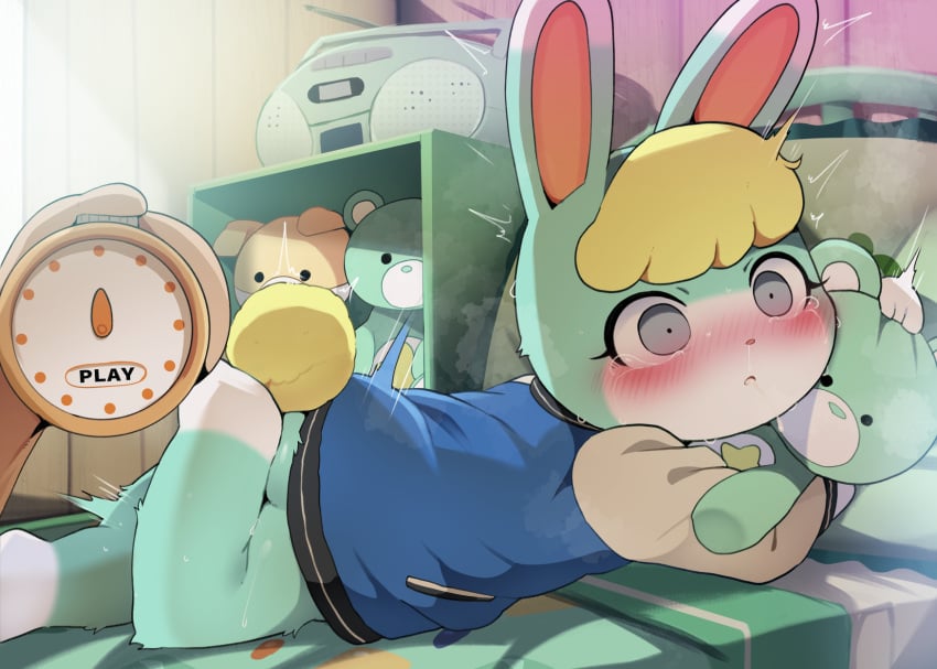 after_sex animal_crossing blonde_hair blush bunny bunny_ears bunny_tail dagasi femboy furry gay green_fur grey_eyes male male_only nintendo sasha_(animal_crossing) shocked surprised text time_resume white_fur yaoi