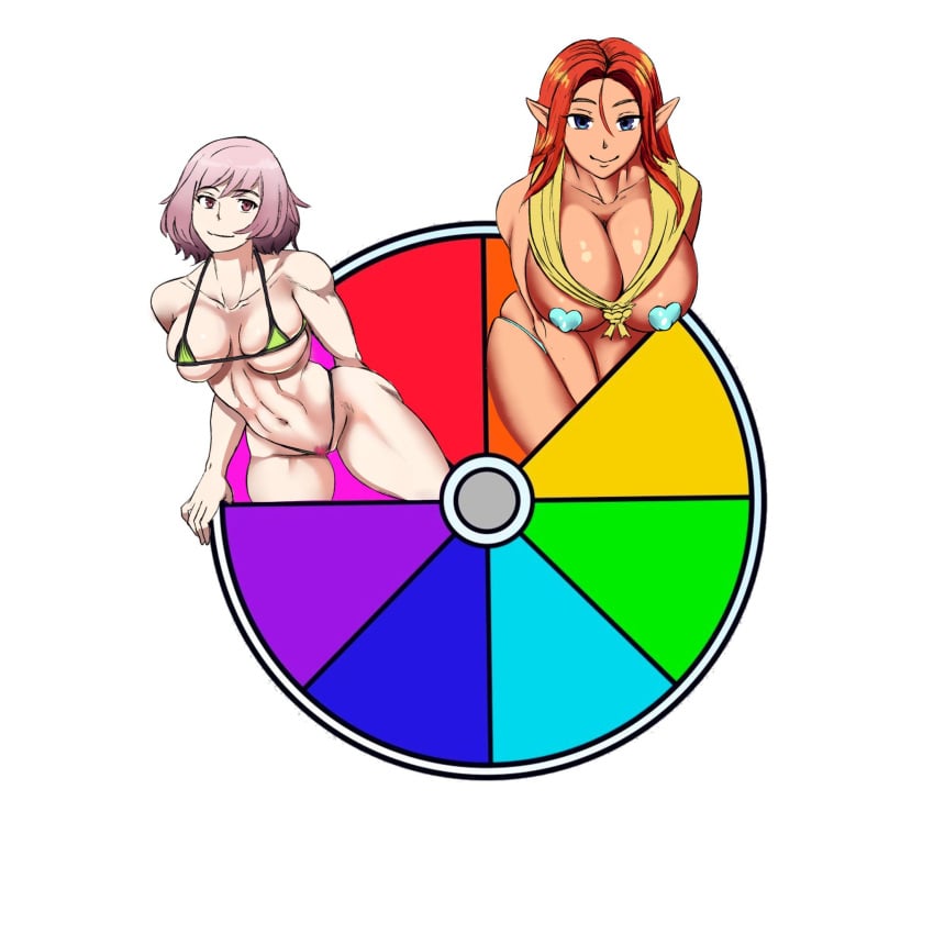 2023 arms_under_breasts ascot big_breasts bikini blue_eyes bush cigma color_wheel_challenge elf_ears gentiane_(girls'_frontline) girls'_frontline heart-shaped_pasties large_breasts malon ocarina_of_time orange_hair pasties pink_eyes pink_hair red_hair the_legend_of_zelda the_legend_of_zelda:_ocarina_of_time thong white_background