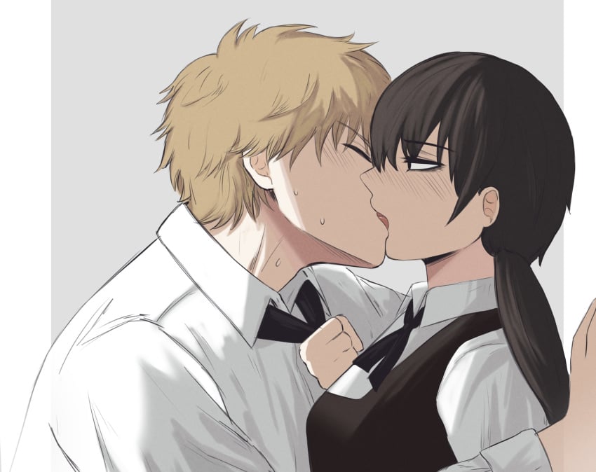 1boy 1girls black_hair blush chainsaw_man denji_(chainsaw_man) femdom french_kiss kabedon kissing male masoq095 mitaka_asa pinned_to_wall pulling_tie sweatdrop tie tie_grab tie_pull tongue_kiss uniform