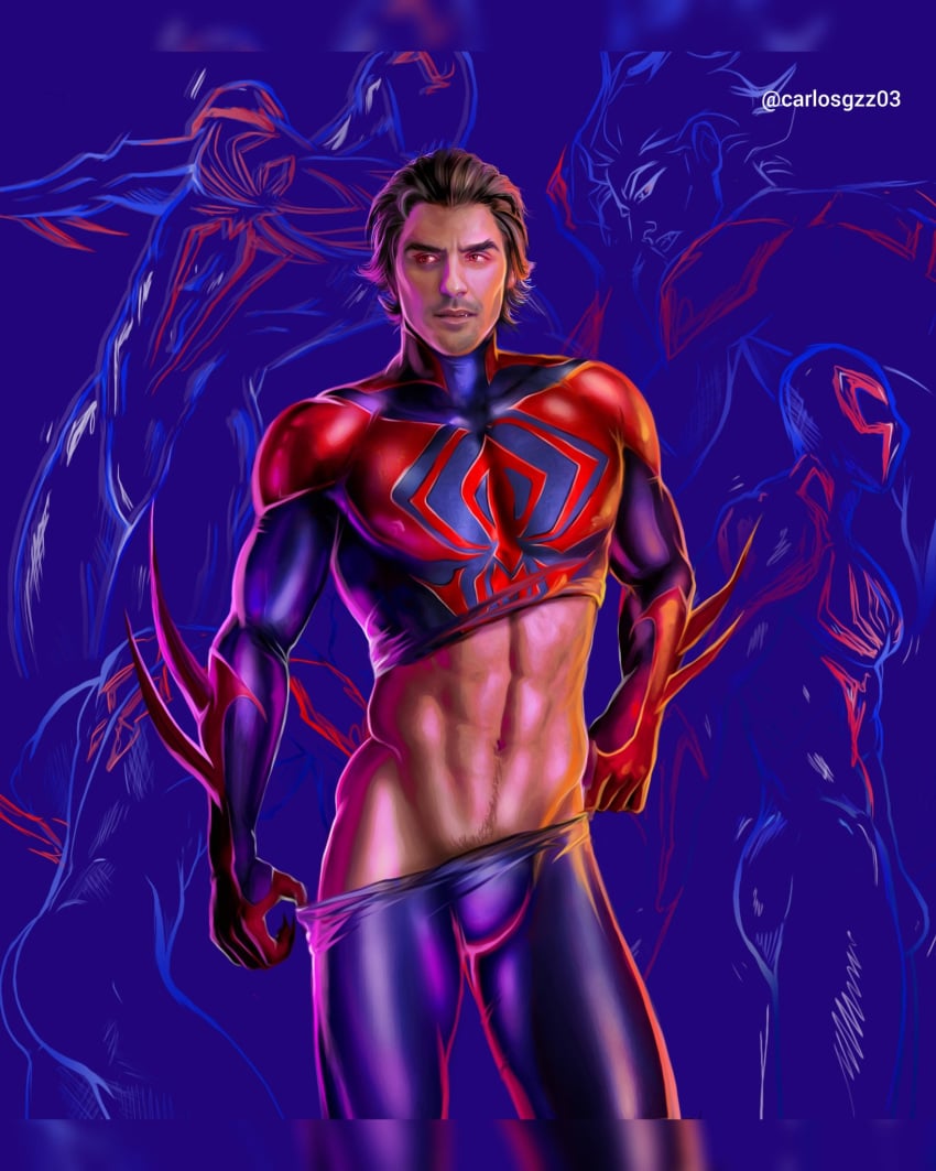 abs biceps bulge carlos_gzz hispanic hispanic_male latino male male_only marvel miguel_o'hara muscles muscular muscular_male pecs shirt_lift smooth_chest smooth_skin solo solo_male spider-man standing teasing