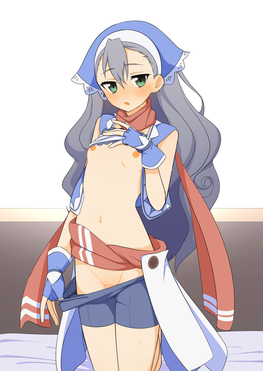 :o absurdres bike_shorts blue_gloves blue_headwear blush breasts clothes_pull female fingerless_gloves gloves green_eyes grey_hair head_scarf highres karin_(rune_factory) kneeling long_hair looking_at_viewer luke_(b10a3123m) navel on_bed open_mouth petite pulled_by_self pussy red_scarf rune_factory rune_factory_3 scarf shorts shorts_pull small_breasts solo sweat uncensored wavy_hair