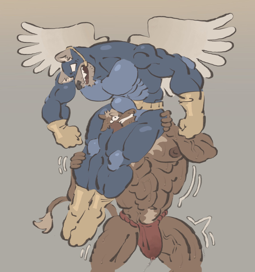 anthro balls bara big_balls big_penis bulge bulge_in_face fundoshi fundoshi_only furry male male_only milosoba1 muscles muscular penis precum precum_through_clothing sweat sweating wings