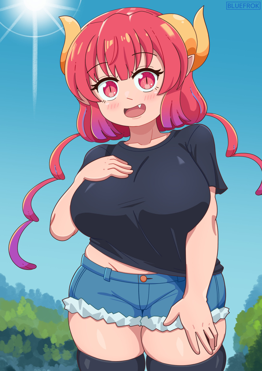 big_breasts bluefrok blush blush_lines cheerful cute cute_face fully_clothed fully_clothed_female huge_breasts ilulu_(dragon_maid) looking_at_viewer miss_kobayashi's_dragon_maid pink_eyes pink_hair sfw shiny_hair shiny_skin smile smiling smiling_at_viewer thick_thighs wink winking winking_at_viewer