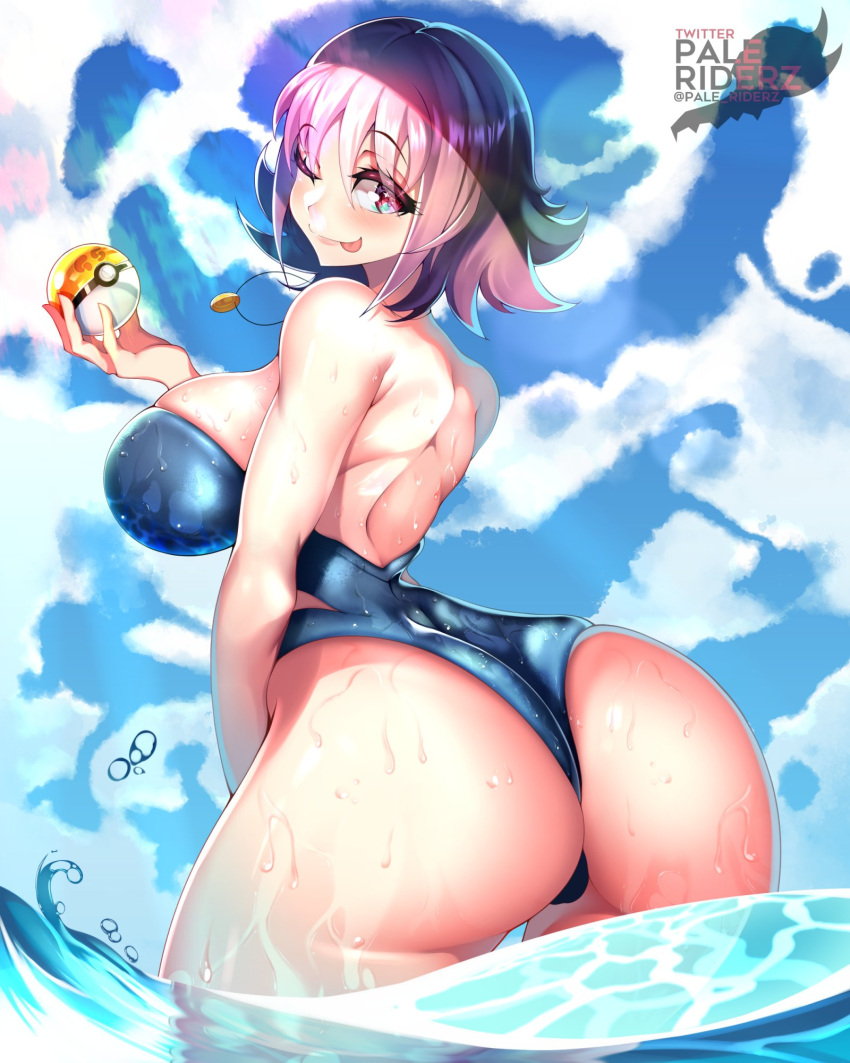 1girls :p ass back_view big_ass dr._uchikido droplets female gs_ball human in_water looking_back pale_riderz philena_ivy poke_ball pokeball pokemon pokemon_(anime) pokemon_rgby postcard professor_ivy_(pokemon_anime) purple_hair short_hair solo standing swimsuit voluptuous water water_drop water_droplets waves wet_skin