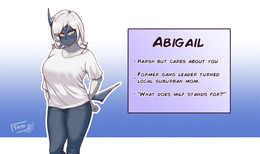 1girls absol anthro big_breasts blue_horn blue_skin blue_tail breasts character character_name character_profile character_sheet female female_focus female_only game_freak horn jeans milf mommy mother one_horn pokémon_(species) pokemon pokemon_(species) safe_for_work sfw tagme tail thyhsilverfeet white_body white_fur white_hair white_shirt yellow_eyes