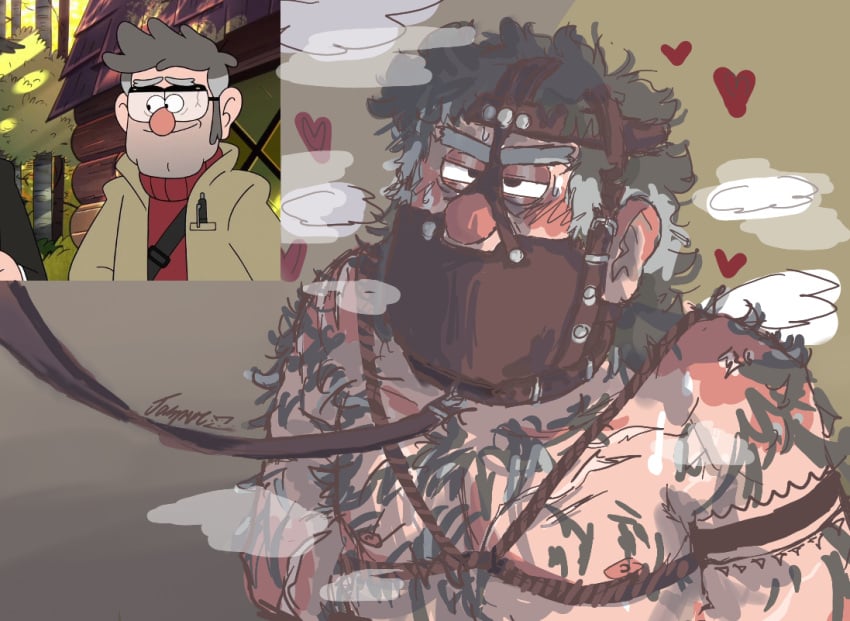 artist_request blush blushing bondage bondage_gear collar glare gravity_falls hair hairy hairy_chest hairy_male heart heart_symbol hearts last_id leash leash_and_collar leather_collar male male_only muzzle muzzled old_man older_male scientist smooth_skin stanford_pines steam steaming_body sweat sweatdrop sweating