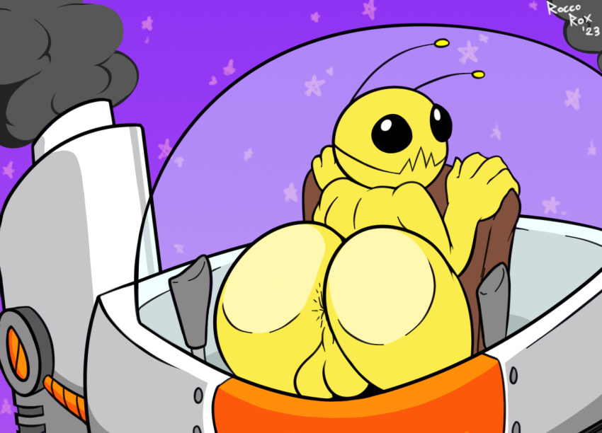 against_surface alien alien_hominid alien_hominid_(character) antennae_(anatomy) anthro anus ass ass_on_glass balls genitals glass male male_only mooning newgrounds on_glass presenting presenting_hindquarters roccorox spacecraft teasing vehicle yellow_body