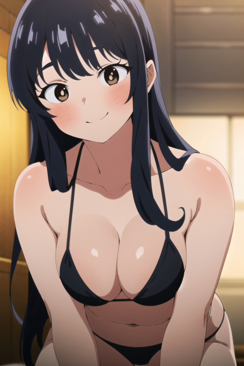 ai_generated bangs bare_shoulders bikini black_bikini black_hair blurry blush boku_no_kokoro_no_yabai_yatsu breasts brown_eyes cleavage closed_mouth collarbone female indoors large_breasts leaning_forward long_hair looking_at_viewer medium_breasts navel smile solo swimsuit yamada_anna