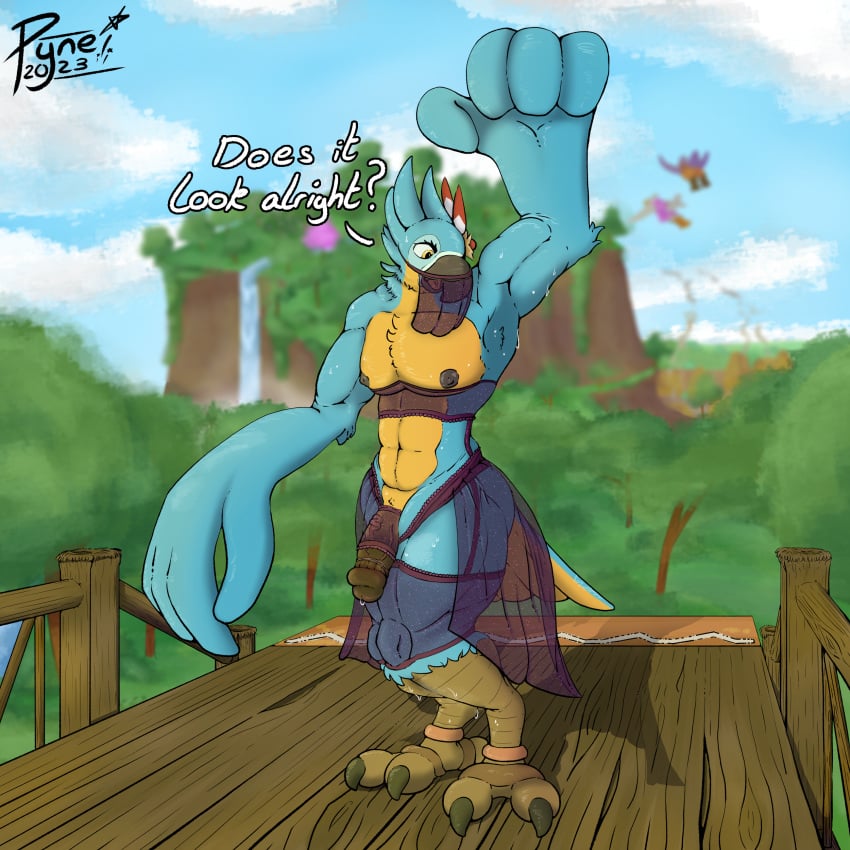 absurd_res anthro avian big_hands breath_of_the_wild casual_exposure clothing detailed_background english_text flying forest genitals half-erect hi_res kass_(tloz) lingerie male male_only muscular nintendo penis plant public public_nudity pyne_(artist) raised_arm rito smoke solo text the_legend_of_zelda translucent translucent_clothing tree waterfall