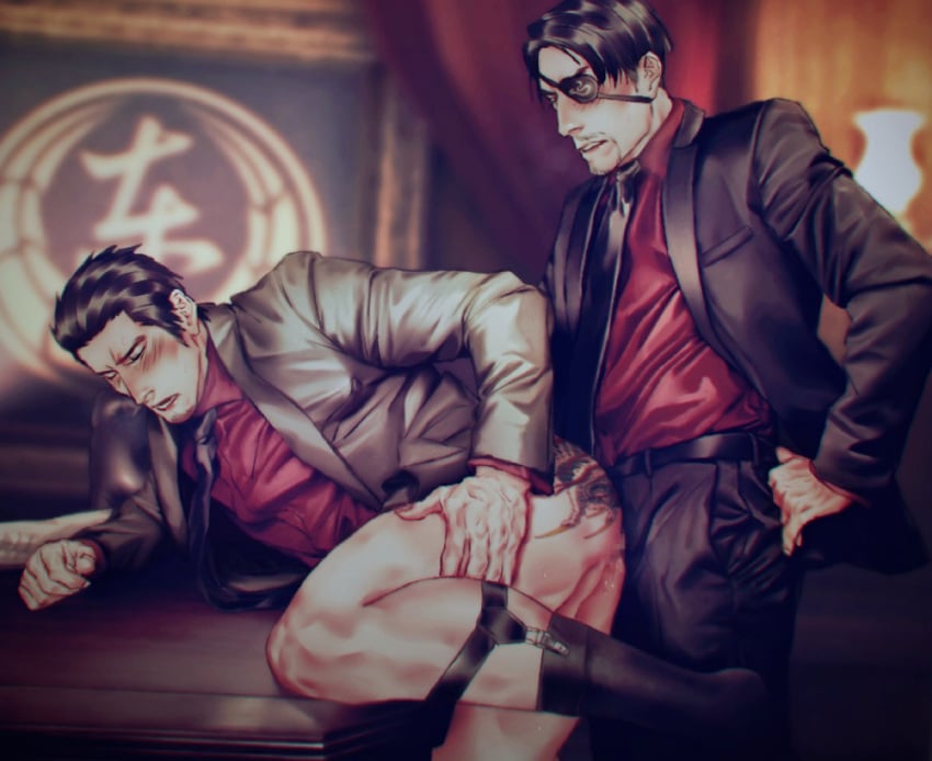 2boys anal ass bara black_socks black_suit blush clothed_sex collared_shirt crotch_rub eyepatch facial_hair feet_out_of_frame formal from_side gay goatee grey_suit kiryu_kazuma leg_up legwear_garter majima_goro male_focus male_only masturbation mature_male mogumogu_(563chan) multiple_boys mustache_stubble necktie red_shirt ryuu_ga_gotoku ryuu_ga_gotoku_(series) sex sex_from_behind shirt short_hair sideburns socks standing standing_sex suit table_sex torogao yakuza yaoi