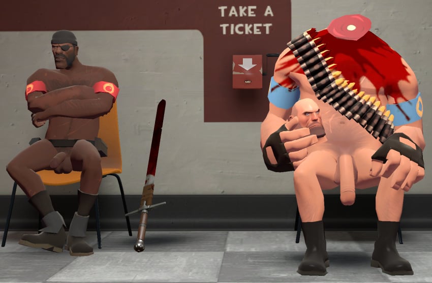 3d 3d_(artwork) balls ballsack big_penis blood demoman demoman_(team_fortress_2) funny garry's_mod heavy heavy_(team_fortress_2) heavy_weapons_guy long_penis male male_only naked naked_male no_head non-sexual_nudity nude nude_male penis sitting sitting_on_chair team_fortress_2 tf2 valve video_games waiting