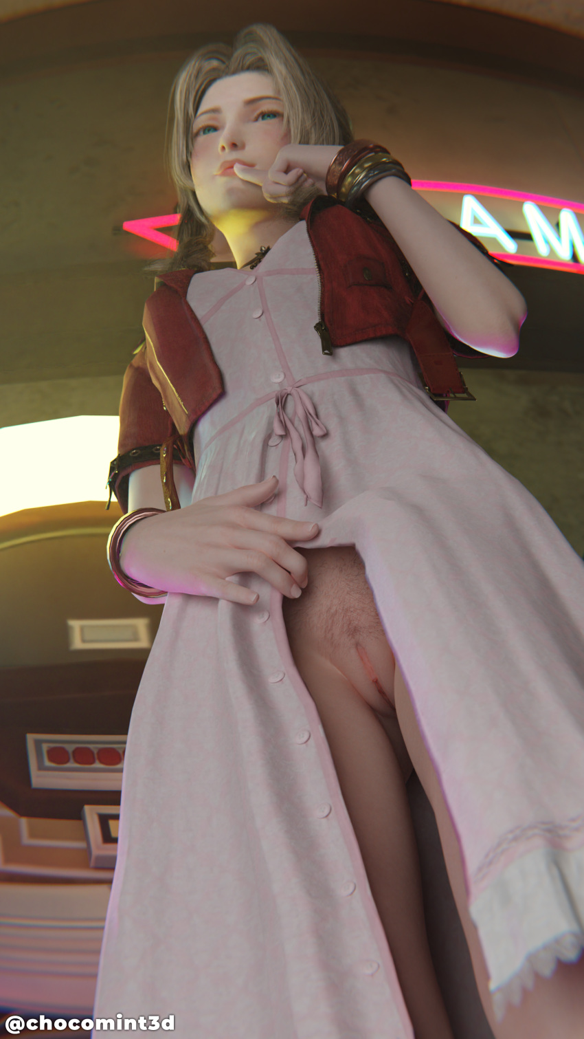 3d aerith_gainsborough brown_hair chocomint3d dress dress_lift final_fantasy final_fantasy_vii final_fantasy_vii_remake finger_on_lip green_eyes jacket jewelry looking_at_viewer low-angle_view neon_lights no_underwear partially_clothed pubic_hair pussy showing_off smug twitter_username watermark