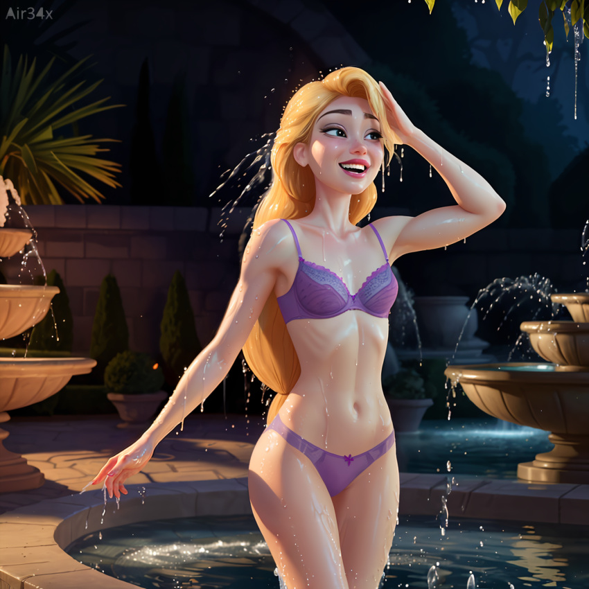 1girls ai_generated air34x bikini blonde_hair bra disney disney_princess fountain panties pose rapunzel tangled underwear water wet