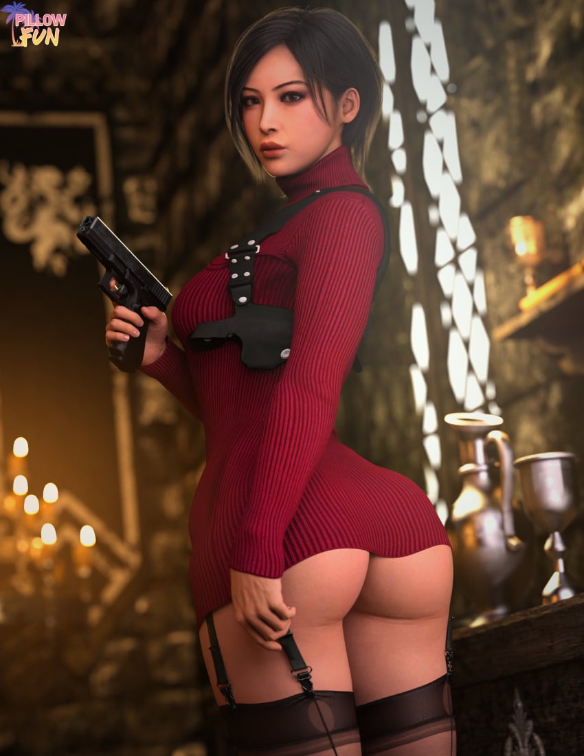 1girls 3d ada_wong ada_wong_(adriana) asian asian_female big_ass bubble_butt gun light-skinned_female looking_at_viewer looking_back pillowfun resident_evil resident_evil_4 resident_evil_4_remake stockings sweater sweater_dress