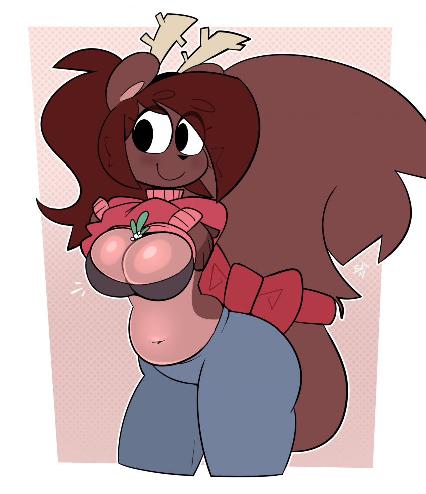 1girls 2022 anthro antlers big_breasts body_fur bow breasts brown_fur brown_hair buxy_xyz cleavage clothed clothing female female_only fluffy_tail hidden_curves mistletoe navel original original_character ponytail rounded_leaves shirt shirt_lift solo squirrel squirrel_girl squirrel_tail sweater tail thick_thighs white_berries