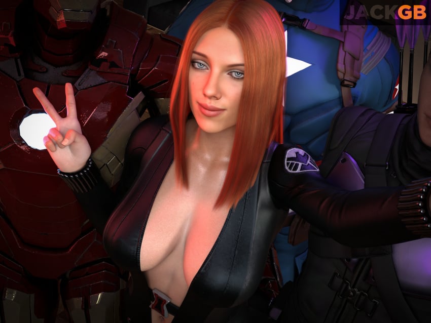 1girls 3boys 3d athletic_female avengers big_breasts black_widow_(marvel) breasts captain_america captain_america_(series) cleavage daz3d female grey_eyes group_sex hawkeye human human_only imminent_sex iron_man iron_man_(series) jackgb light-skinned_female light_skin lips long_hair male marvel marvel_cinematic_universe natasha_romanoff posing red_hair s.h.i.e.l.d. scarlett_johansson seductive selfie smile tagme unseen_male_face unzipped unzipped_bodysuit v_sign