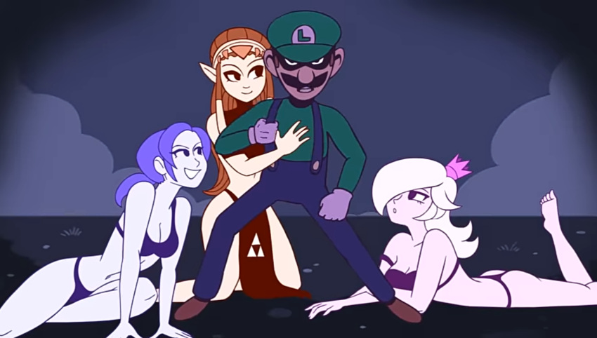 1boy 3girls 5_fingers 5_toes ass bra butt cleavage crown egoraptor female hat headgear headwear jojo_reference luigi male mario_(series) matching_underwear multiple_girls navel nintendo overalls panties princess_rosalina princess_zelda screenshot shoes starbomb studio_yotta the_legend_of_zelda triforce triforce_symbol wii_fit wii_fit_trainer youtube_source zelda_(twilight_princess)