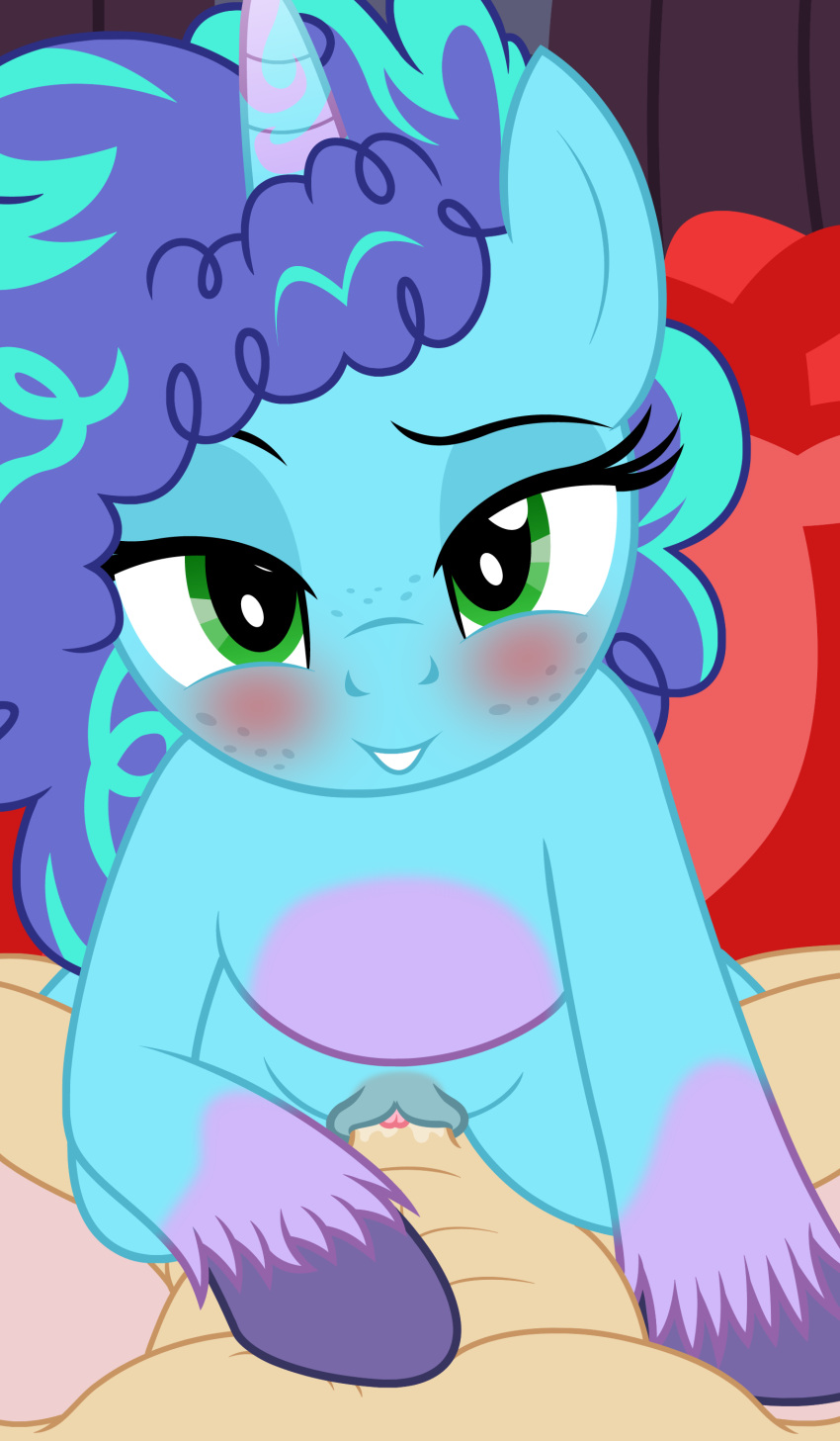 abs absurd_res badumsquish blue_body blue_eyes blue_fur blush equid equine eyebrows feral first_person_view fur genitals hasbro hi_res hooves horn human human_on_feral interspecies leg_markings looking_at_viewer m/v male male_pov mammal markings misty_brightdawn_(mlp) mlp_g5 muscular muscular_male my_little_pony pussy raised_eyebrow socks_(marking) unicorn zoophilia