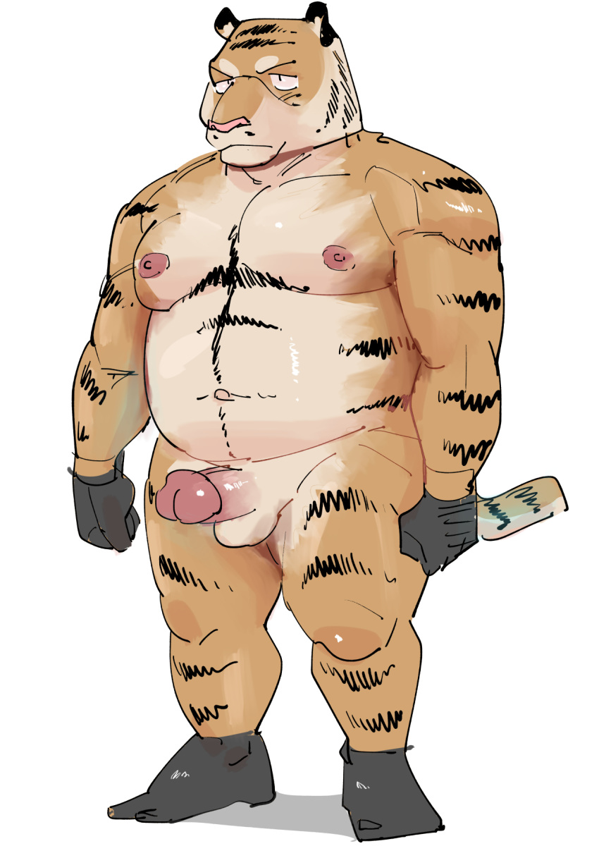 2023 anthro balls belly erection felid genitals hi_res kemono male mammal moobs navel nipples overweight overweight_male pantherine penis pink_nose solo tiger ujishiyo