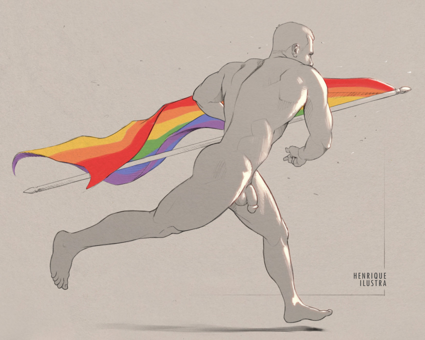 1boy absurdres artist_name ass back_muscles bara butt completely_nude flaccid flaccid_penis flag henriqueilustra highres holding holding_flag large_pectorals lgbt_pride male male_focus male_only muscles muscular muscular_male nude pectorals penis pride_month rainbow_flag short_hair simple_background solo testicles thick_thighs thighs