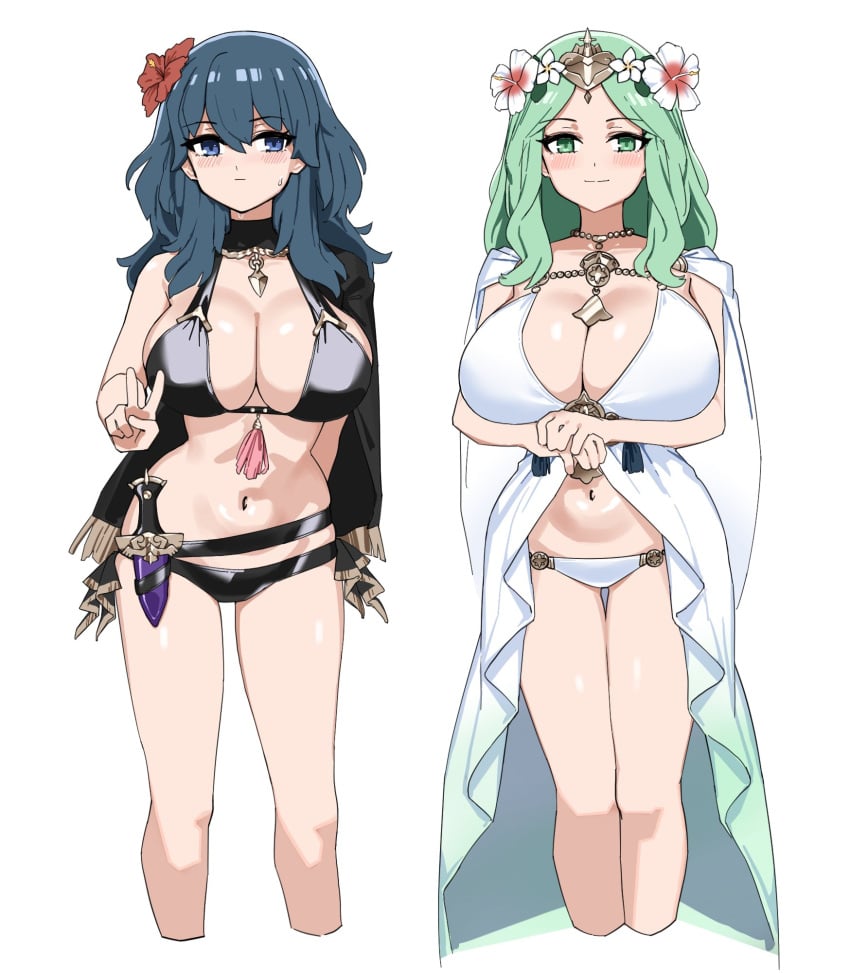 2girls alternate_costume bikini black_bikini black_swimsuit blue_eyes blue_hair byleth_(female)_(summer)_(fire_emblem) byleth_(fire_emblem) byleth_(fire_emblem)_(female) cleavage dagger female female_only fire_emblem fire_emblem:_three_houses fire_emblem_heroes flower flower_in_hair fried_bocky green_eyes green_hair hair_ornament large_breasts long_hair looking_at_viewer nintendo official_alternate_costume plain_background rhea_(fire_emblem) rhea_(summer)_(fire_emblem) swimsuit tassel white_background white_bikini white_swimsuit