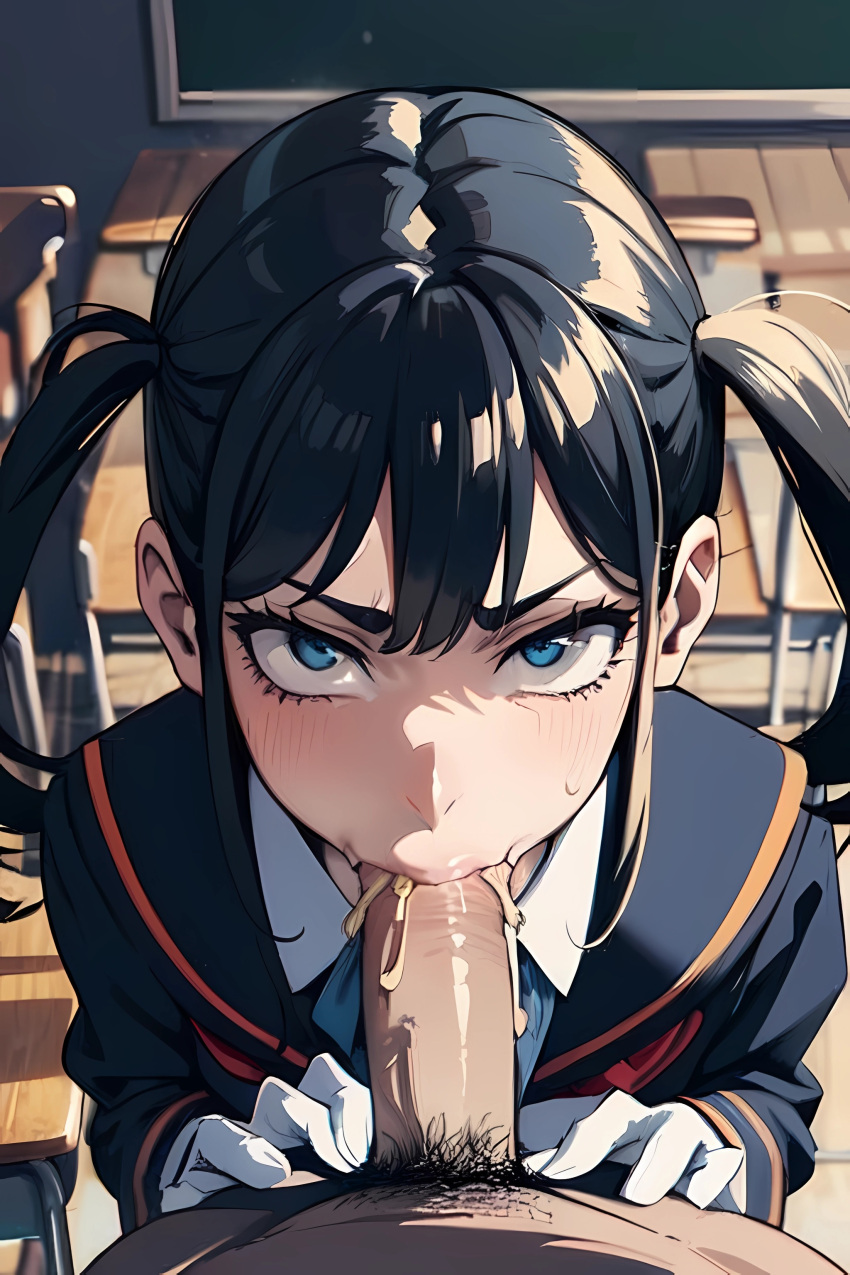 ai_generated angry black_hair blowjob blue_eyes classroom ejaculation fellatio from_above hi_res large_penis looking_at_viewer original_character school_uniform stable_diffusion sucking twintails yuqolilos