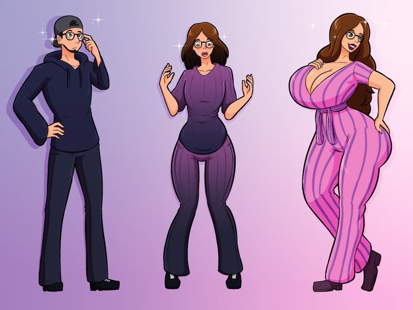 breast_expansion breast_growth gender_transformation glasses hair_growth hand_on_hip huge_ass huge_breasts milf milfification mtf_transformation romper striped_clothing tourin17 wide_hips