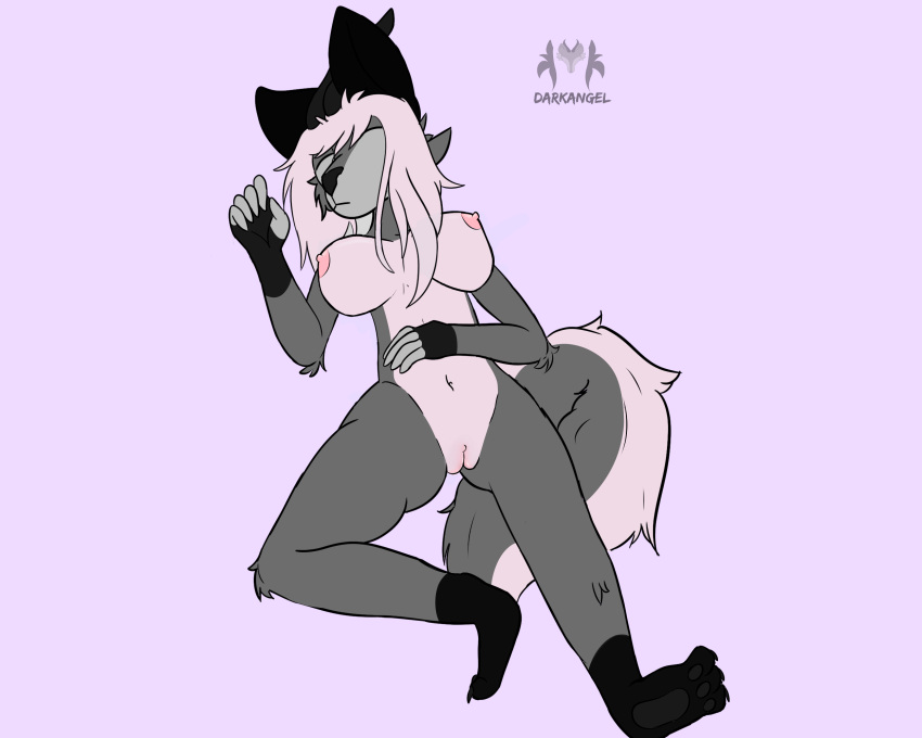 anthro big_breasts breasts canid canine canis exposed_breasts female fur genitals grey_body grey_fur hair hi_res horn hybrid in_heat mammal nipples nude pink_nipples pussy seductive sleeping solo watermark white_body white_fur white_hair wolf zariel_darkangel zarielly