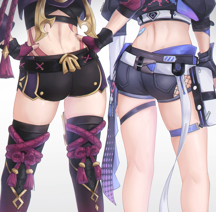 2girls ass black_gloves black_jacket black_shorts company_connection crop_top feet_out_of_frame female female_only fingerless_gloves genshin_impact gloves hands_on_own_hips honkai:_star_rail honkai_(series) jacket kuki_shinobu midriff multiple_girls nail_polish purple_gloves purple_nails shorts silver_wolf_(honkai:_star_rail) simple_background small_ass small_butt standing thighhighs tight_ass tights zeranium