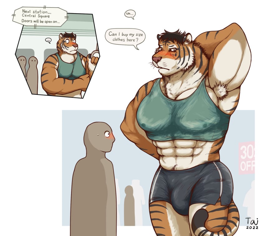 abs anthro black_hair clothes_store clothing embarrassed english_text felid front_view fur group hair hi_res human_to_anthro looking_away male mammal metro muscular muscular_anthro muscular_male orange_body orange_fur pantherine shy simple_background species_transformation speech_bubble striped_body stripes taitora text tiger transformation white_background