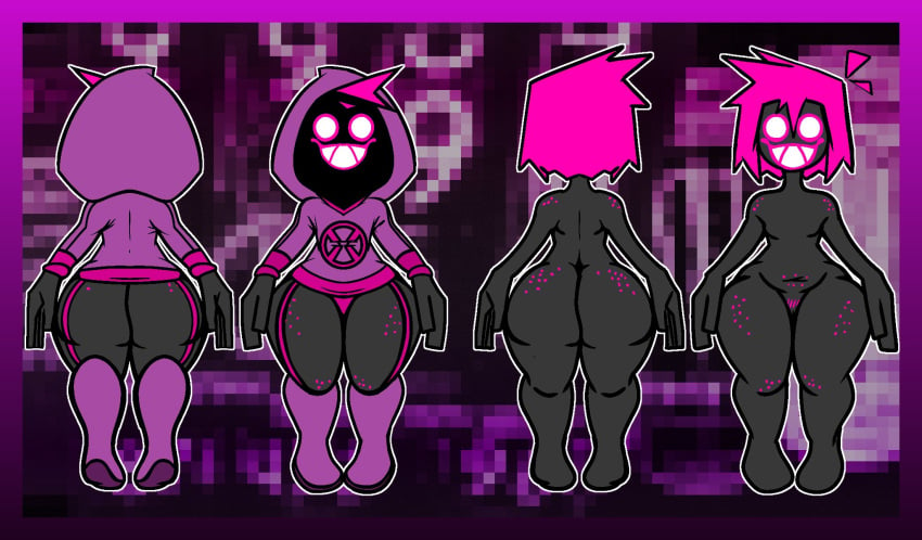 black_body freckles_on_ass freckles_on_butt freckles_on_legs freckles_on_thighs hoodie nanodude78 oc original_character pink_hair reference_sheet sharp_teeth true_flat_chest voipina_(nanodude78)