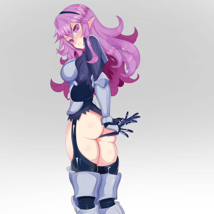 alternate_version_available armor armor_knight_(disgaea) ass assless_chaps behind_view blush blush disgaea disgaea_d2 nippon_ichi_software octpus_tako panties panty_pull thick_ass thick_thighs thighhighs thighs