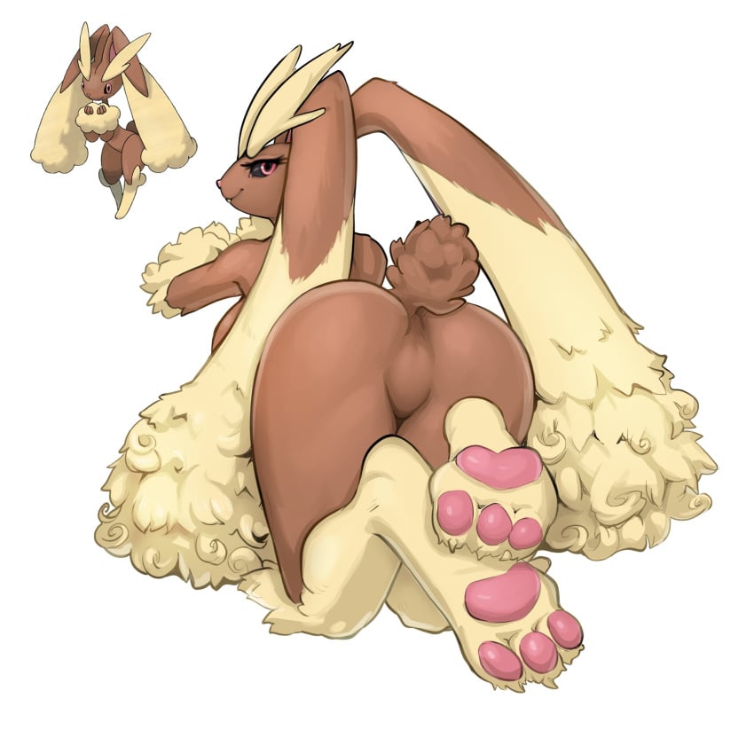 anthro ass black_sclera brown_body brown_fur featureless_crotch female female_only fur generation_4_pokemon hi_res lagomorph lopunny mammal nintendo nude pink_eyes pokemon pokemon_(species) rear_view simple_background solo tan_body tan_fur telepurte white_background