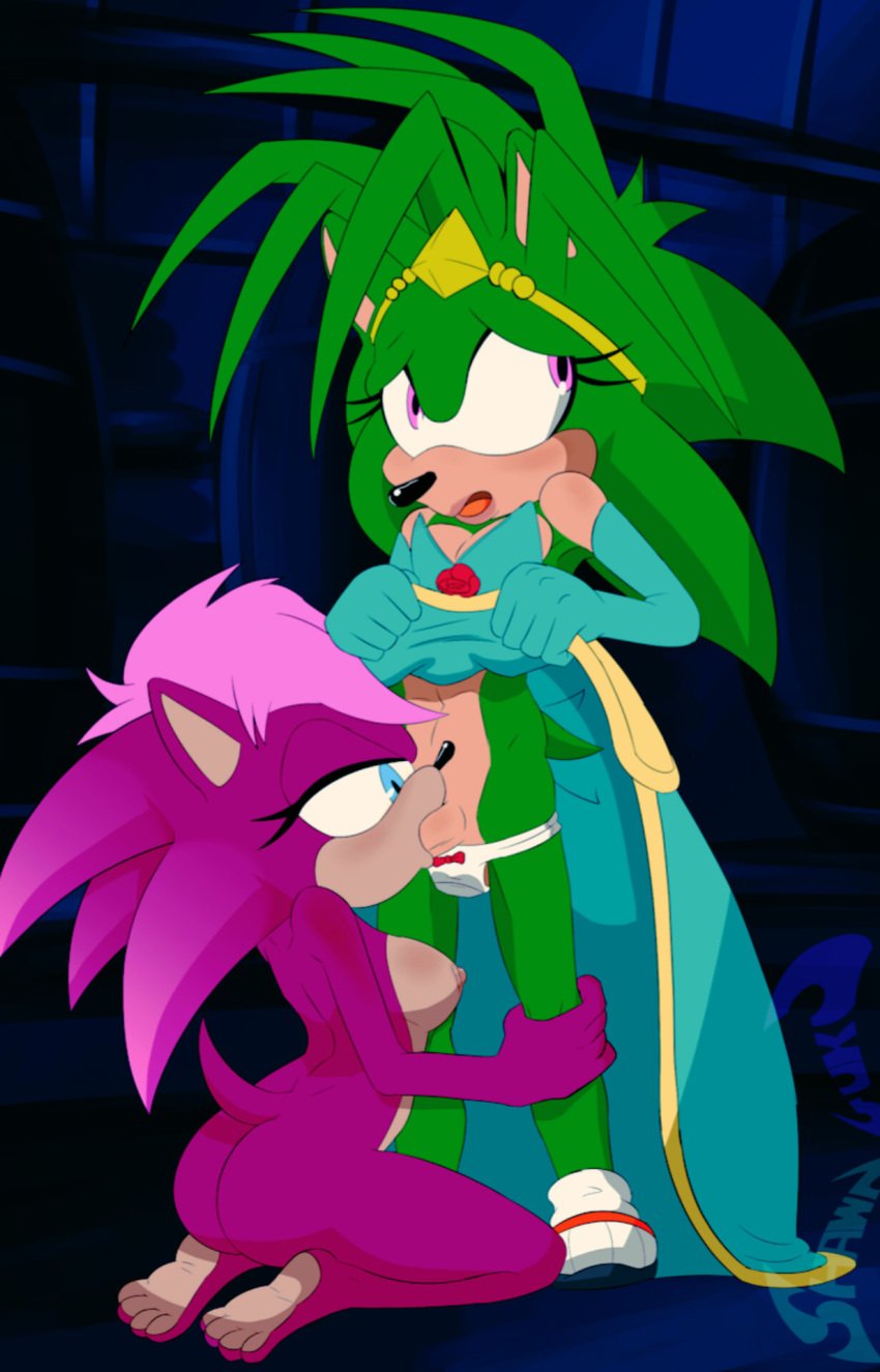 blowjob crossdressing crossdressing_male fellatio femboy grabbing_legs hand_on_leg incest incest_blowjob kneeling kneeling_oral_position lifting_clothing lifting_skirt looking_at_penis looking_away manic_the_hedgehog oral sonia_the_hedgehog sonic_(series) sonic_the_hedgehog_(series) sonic_underground underwear_down upskirt