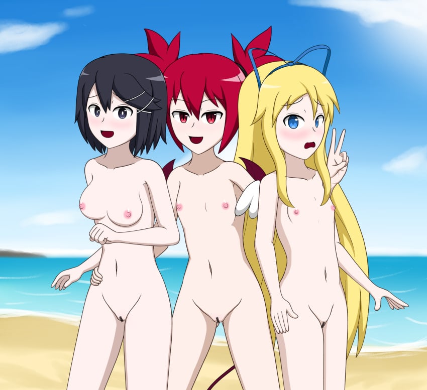 3girls alternate_version_available asagi_asagiri beach blush blushing_at_viewer breasts censor_bar censored censored_pussy completely_nude completely_nude_female disgaea embarrassed etna flat_chest flonne johnthems makai_kingdom makai_wars medium_breasts multiple_girls nippon_ichi_software ocean small_breasts