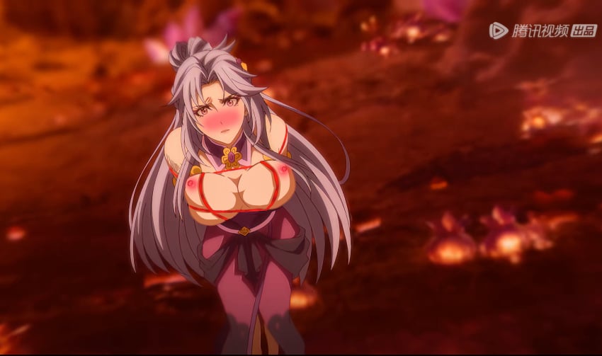 1girls a_will_eternal accurate_art_style blushed chinese chinese_anime chinese_clothing chinese_text donghua embarrassed gray_hair large_breasts lipstick milf nipples screencap song_junwan tencent third-party_edit tied_up