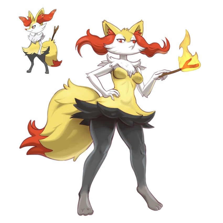 anthro black_body black_fur braixen breasts canid canine female fur generation_6_pokemon hi_res inner_ear_fluff mammal nintendo pokemon pokemon_(species) simple_background solo telepurte tuft white_background white_body white_fur yellow_body yellow_fur