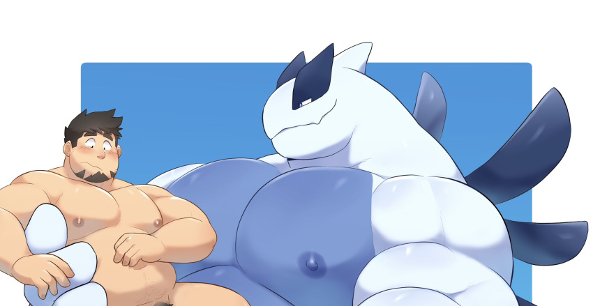 anthro anthrofied avian big_pecs blue_body blush brown_hair carrying carrying_another carrying_partner dragon duo generation_2_pokemon grin hair hi_res holding_partner human human_on_anthro interspecies larger_anthro larger_male legendary_pokemon lugia male male/male mammal multicolored_body musclegut muscular muscular_anthro muscular_human nintendo nipples nude o-ro pecs pokémon_(species) pokemon pokemon_(species) pokephilia pubes scalie size_difference smaller_human smaller_male smile white_body