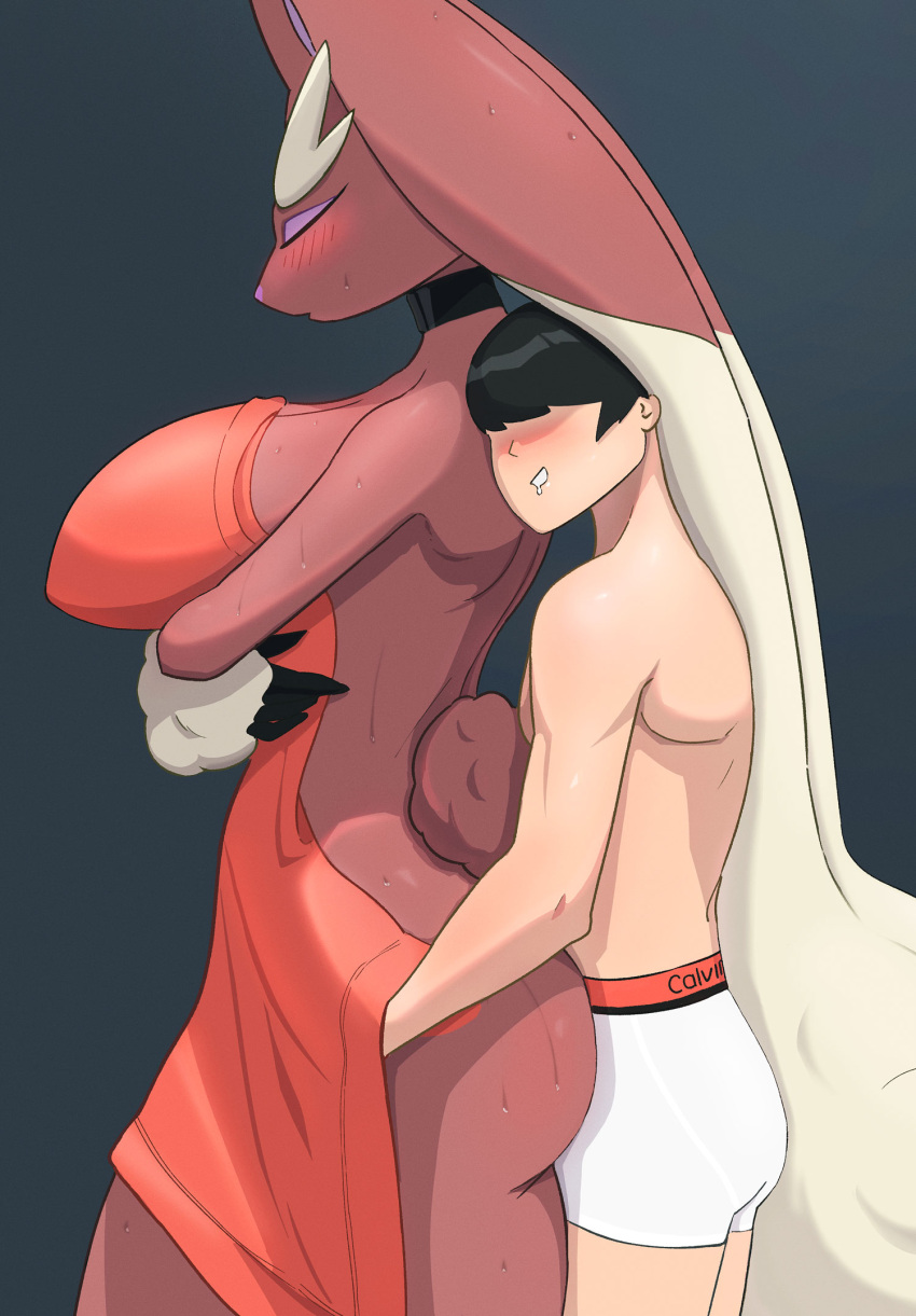 2023 anthro ass big_breasts black_hair blush bodily_fluids breasts closed_eyes clothed clothing duo female generation_4_pokemon hair hi_res huge_breasts human human_on_anthro interspecies kinhey larger_anthro larger_female lopunny mammal nintendo pokemon pokemon_(species) pokephilia side_view size_difference smaller_human smaller_male sweat topless underwear underwear_only white_clothing white_underwear