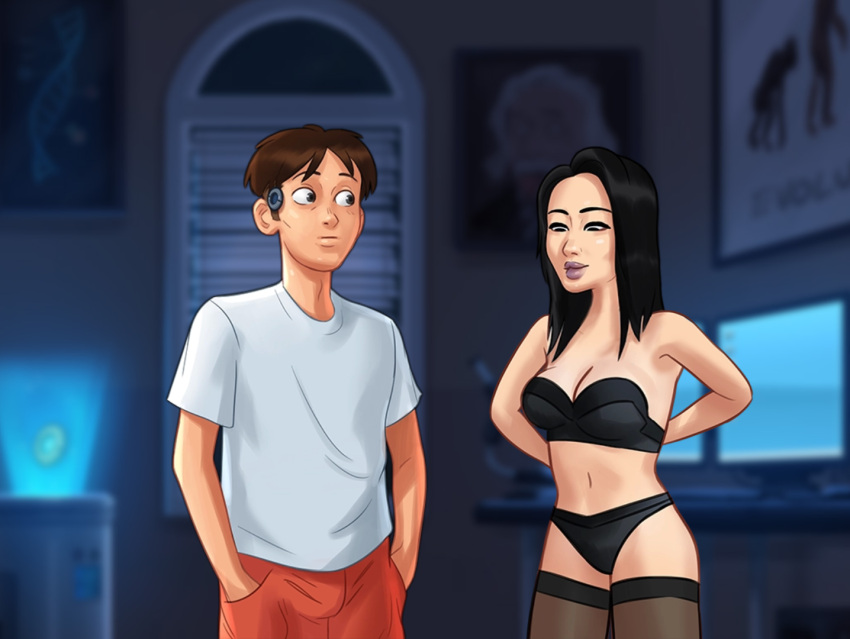 1boy 1girls 2d asian asian_female black_bra black_hair black_panties black_stockings bottomwear bra breasts brown_hair cleavage clothed clothing darkcookie digital_drawing_(artwork) digital_media_(artwork) female legwear light-skinned_female light-skinned_male light_skin long_hair looking_at_partner looking_down main_character_(summertime_saga) male male/female medium_breasts ms._okita_(summertime_saga) night office open_mouth open_mouth pale-skinned_female pale_skin panties see-through see-through_stockings shirt shorts small_breasts stockings student summertime_saga teacher teacher_and_student topwear underwear undressing