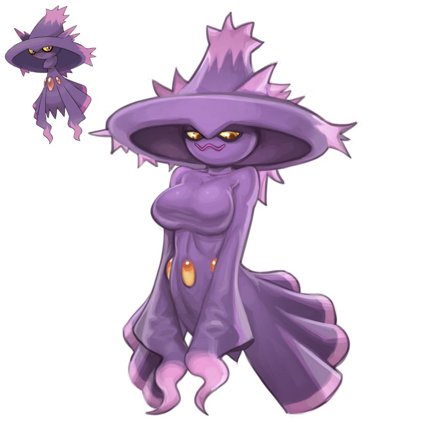 amber_eyes anthro breasts clothing female generation_4_pokemon ghost headgear hi_res mismagius nintendo pokemon pokemon_(species) purple_body purple_clothing simple_background smile solo spirit telepurte white_background yellow_sclera