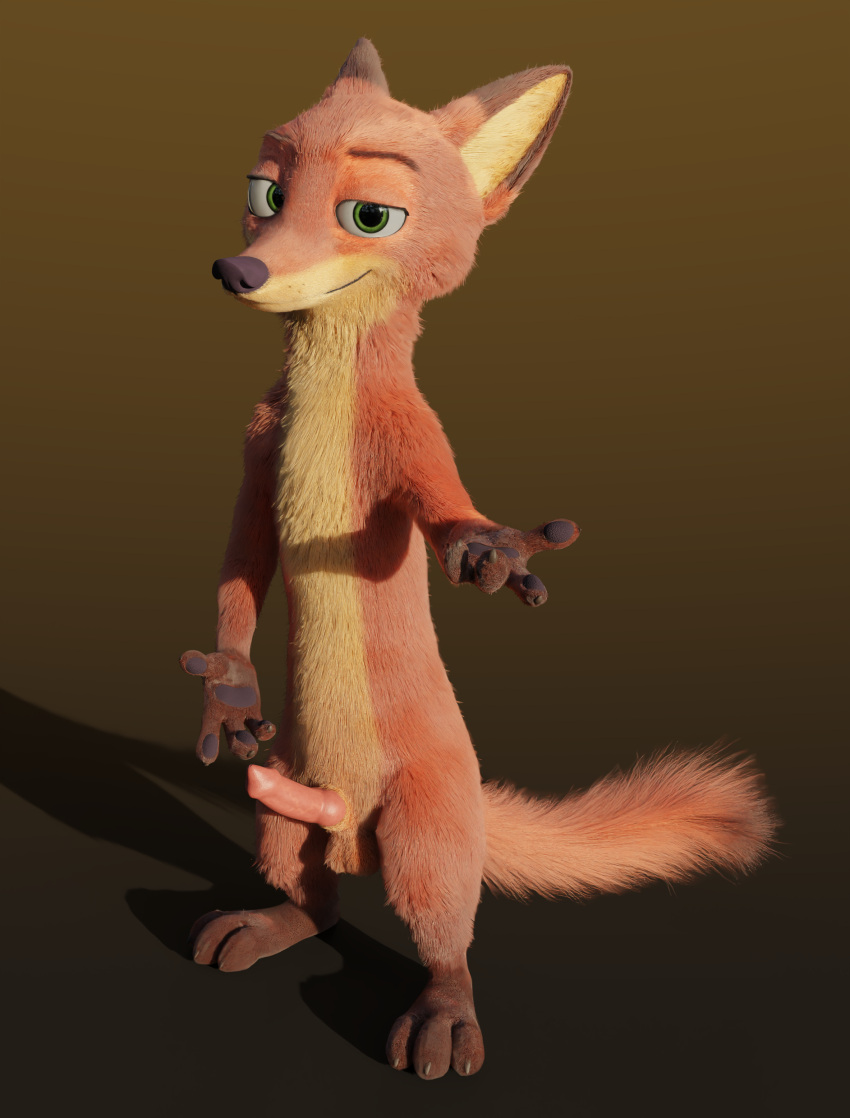 3d_(artwork) absurd_res animal_genitalia animal_penis anthro balls belly black_nose blender_(software) canid canine canine_genitalia canine_penis claws digital_media_(artwork) disney erection fluffy fluffy_tail fox front_view fur genitals gloves_(marking) green_eyes half-closed_eyes hi_res long_body looking_at_viewer male mammal markings narrowed_eyes nick_wilde nude orange_body orange_fur pawpads penis pink_penis reaching_towards_viewer rockyrcoon short_legs smile solo standing tail yellow_belly zootopia