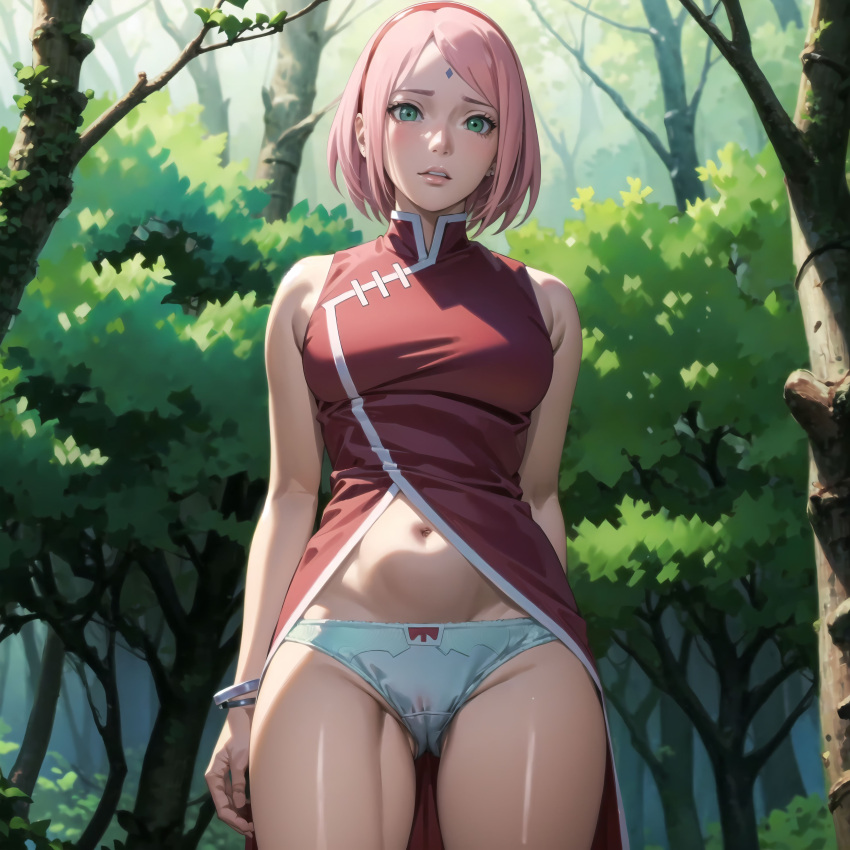 1girls ai_generated alyxra anklet blush bob_cut boruto:_naruto_next_generations bottomless bracelet china_dress chinese_clothes curvaceous dress female female_focus forehead_mark forest green_eyes haruno_sakura light-skinned_female light_skin looking_at_viewer mature mature_female milf nai_diffusion naruto naruto_(series) nature outdoors panties parted_bangs partially_clothed petite pink_hair red_dress sakura_haruno short_hair sleeveless sleeveless_dress stable_diffusion