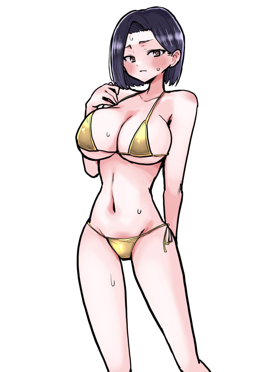 1girls 2023 alternate_version_available arm_behind_back belly bikini bikini_bottom bikini_top blush boku_no_kokoro_no_yabai_yatsu cleavage embarrassed female female_only gold_bikini gold_bikini_bottom gold_bikini_top golden_bikini golden_bikini_bottom golden_bikini_top long28 looking_at_viewer mature mature_female milf navel simple_background skinny solo standing sweat sweatdrop white_background yamada_sanae