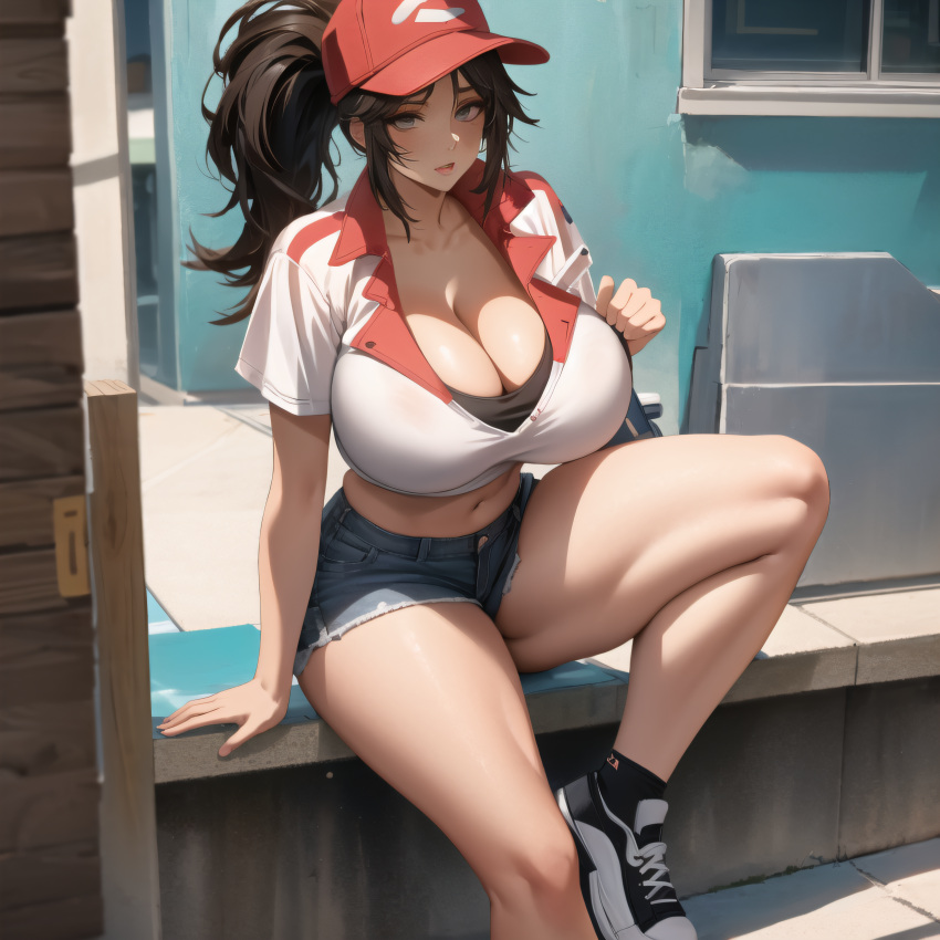 2020s 2023 adult adult_girl ai_generated anime big_breasts big_thighs black_socks blue_bottomwear breasts brown_hair busty cap cixf cleavage crop_top daisy_dukes denim_shorts exposed_belly front_view huge_breasts league_of_legends light-skinned_female light_skin long_hair manga midriff one_leg_raised pizza_delivery_sivir ponytail ponytails riot_games shiny_breasts shiny_hair shiny_skin shoes shorts sitting sivir snapback sneakers socks thick_thighs thighs tomboy top_heavy two_tone_footwear two_tone_footwear_(blackandwhite) two_tone_headwear two_tone_headwear_(redandwhite)