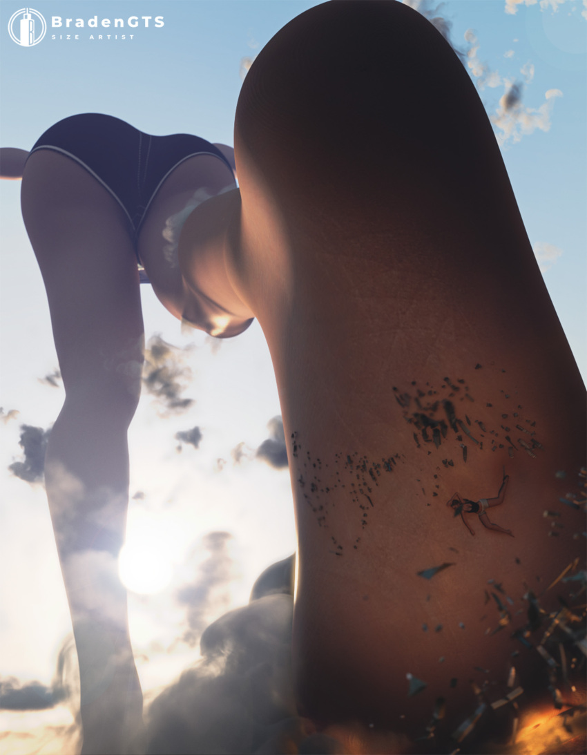 2girls 3d ass big_ass bradengts city clothing destruction feet female_only giantess light-skinned_female light_skin low-angle_view macro nier nier:_automata size_difference underboob yorha_2b