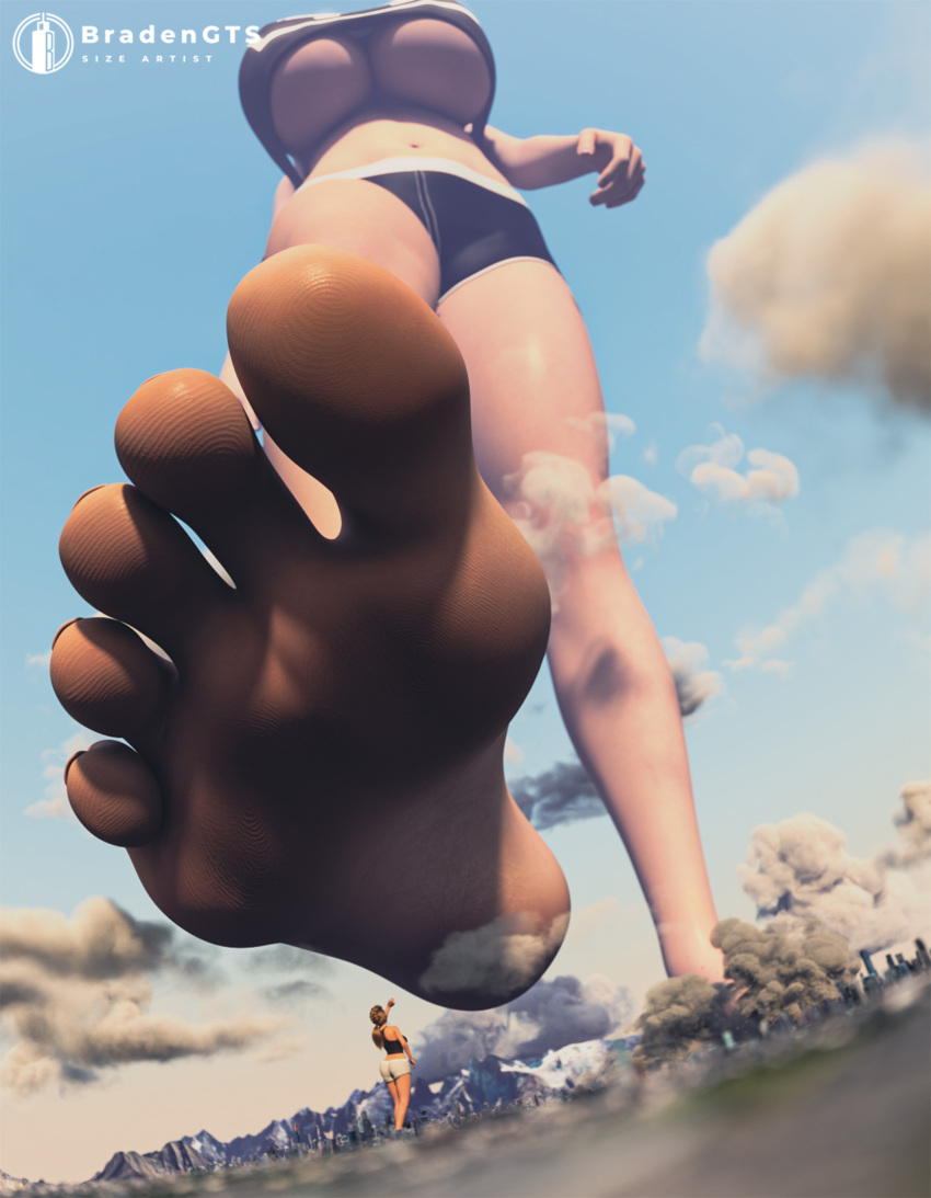 2girls 3d big_breasts bradengts breasts city clothing destruction feet female_only giantess huge_breasts light-skinned_female light_skin low-angle_view macro nier nier:_automata size_difference underboob yorha_2b